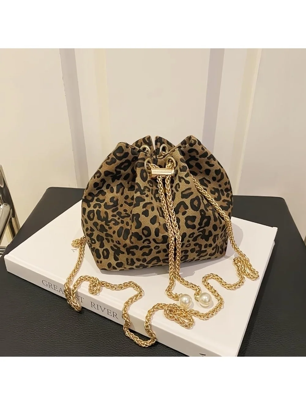 Leopard Print Drawstring Bucket Bag with Gold Chain